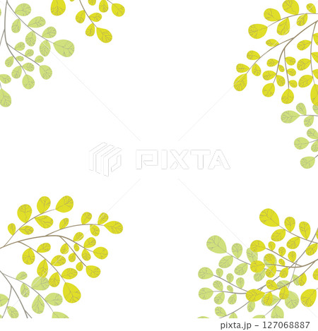Floral frame with colorful exotic branches on white background. Ornate border with tropic leaves. Vector stock illustration for wallpaper, posters, card. Doodle style. Copy space Floral frame with colorful exotic branches on white background. Ornate border with tropic leaves. Vector stock illustration for wallpaper, posters, card. Doodle style. Copy space 127068887