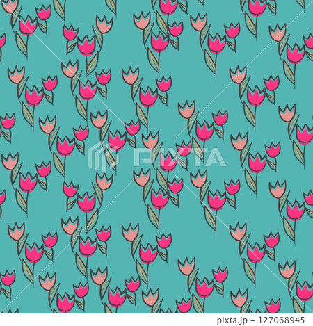 Spring colorful vector illustration with tulips. Cartoon style. Simple minimalistic pattern with nature elements. Vector illustration for fabric, textile, poster, invitation Spring colorful vector illustration with tulips. Cartoon style. Simple minimalistic pattern with nature elements. Vector illustration for fabric, textile, poster, invitation 127068945