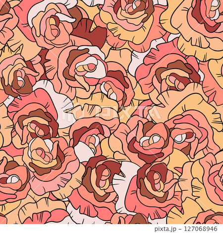 Seamless floral pattern with pink roses. Cartoon style. Design for fabric, textile, paper. Colorful flowers on color background. Vector illustration on traditional folk art ornaments Seamless floral pattern with pink roses. Cartoon style. Design for fabric, textile, paper. Colorful flowers on color background. Vector illustration on traditional folk art ornaments 127068946