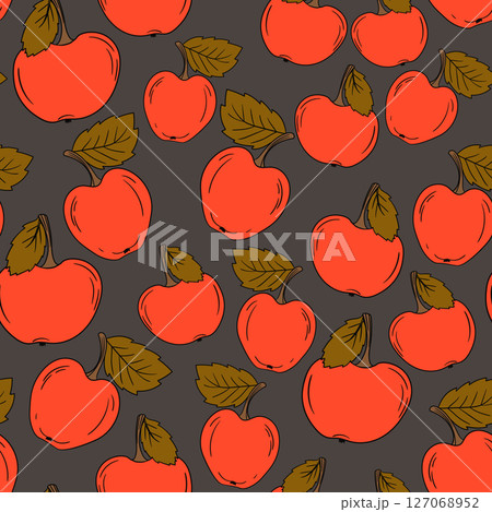 Seamless pattern with apple on color background. Natural delicious fresh ripe tasty fruit. Vector illustration for print, fabric, textile, banner, design. Stylized apples with leaves. Food concept 127068952