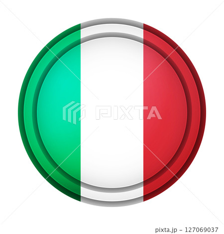 Glass light ball with flag of Italy. Round sphere, template icon. Italian national symbol. Glossy realistic ball, 3D abstract vector illustration highlighted on a white background. Big bubble 127069037