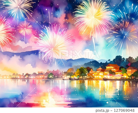 夜空に浮かぶ花火　イラスト 127069048