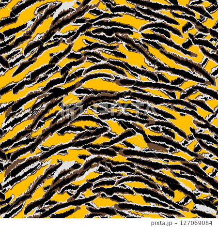 Abstract modern tiger seamless pattern. Animals trendy background. Orange and black decorative vector stock illustration for print, card, postcard, fabric, textile. Modern ornament of stylized skin 127069084