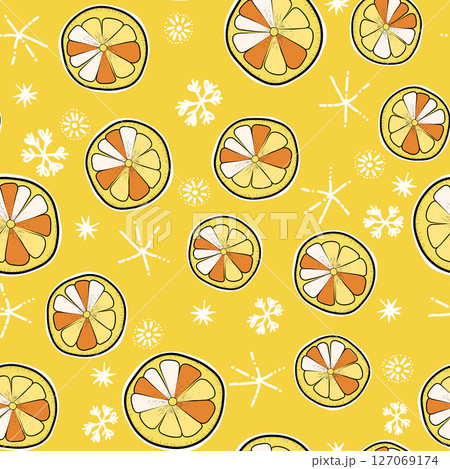 Seamless Christmas cozy winter New Year pattern with cute oranges, lemons, plants and snawflakes on color background. Vector illustration. Design for print, invitation, poster, card, fabric, textile Seamless Christmas cozy winter New Year pattern with cute oranges, lemons, plants and snawflakes on color background. Vector illustration. Design for print, invitation, poster, card, fabric, textile 127069174