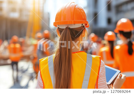 Young Architect Using Digital Tablet at Construction Site Under Sunny Skies 127069264