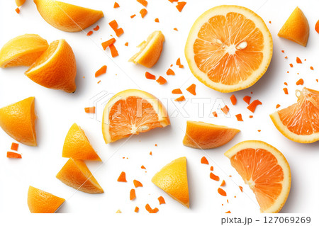 Vibrant Lemon Slices and Chunks on Clean White Background for Fresh Visual Design 127069269