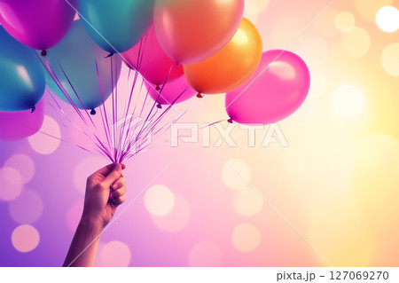 Colorful Balloons Held Up Against a Retro Background with Vintage Instagram Filter Effects 127069270