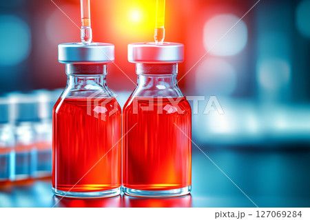 Laboratory Experiment with Red Liquid in Vials and Droppers Under Bright Lighting Conditions 127069284