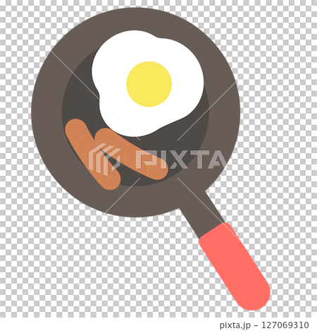 煎鍋中煎蛋和香腸的插圖 127069310