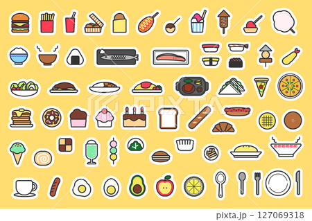 ステッカー風ポップでかわいい料理アイコンセットイラスト ステッカー風ポップでかわいい料理アイコンセットイラスト 127069318