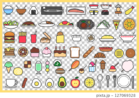 用於食品和飲料相關用途的食物圖標材料 帶有主線的顏色 127069328