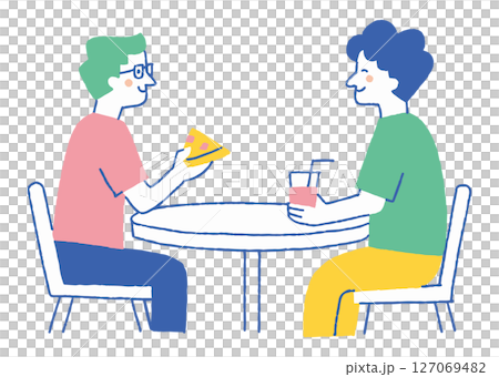 Man eating pizza at food court_color 127069482