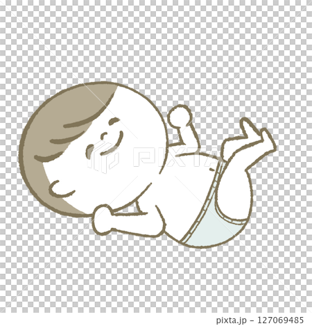 Baby in diaper lying down smiling 127069485