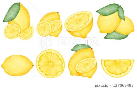 set of lemon slices and slices with leaves isolated on white background 127069495