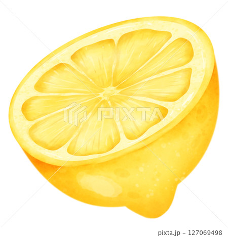 set of lemon slices and slices with leaves isolated on white background 127069498