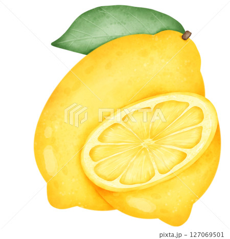 set of lemon slices and slices with leaves isolated on white background set of lemon slices and slices with leaves isolated on white background 127069501