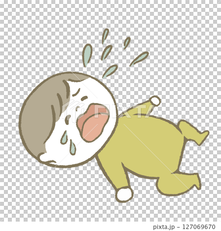 寝転んで泣く赤ちゃん　黄色 127069670