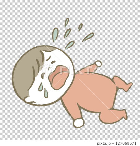 寝転んで泣く赤ちゃん　ピンク 127069671