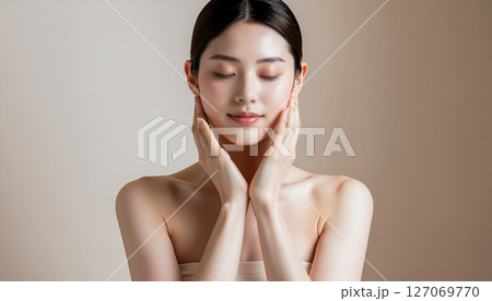 肌をチェックする二十代の日本人女性 肌をチェックする二十代の日本人女性 127069770