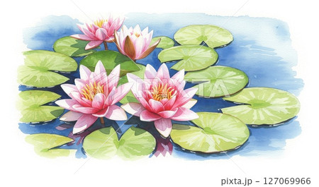 池に浮かぶ睡蓮の水彩画イラスト 127069966