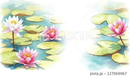 池に浮かぶ睡蓮の水彩画イラスト 127069967