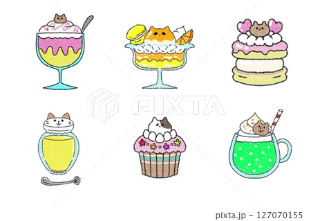 かわいい手描きの猫モチーフスイーツイラストセット かわいい手描きの猫モチーフスイーツイラストセット 127070155