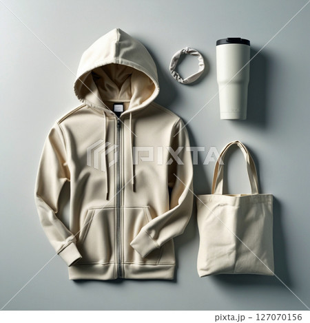 白いパーカーとバッグとアクセサリー 127070156