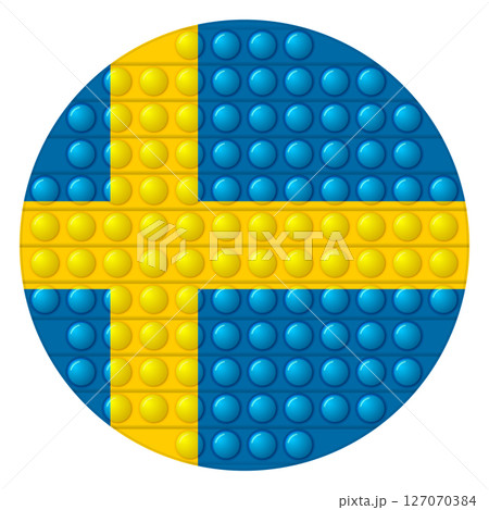 Glass light ball with flag of Sweden. Round sphere, template icon. Swedish national symbol. Glossy realistic ball, 3D vector illustration. Trendy antistress game pop it, simple dimple. Big bubble 127070384