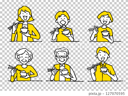 Illustration of a family eating rice with chopsticks 127070595