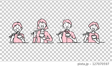 Illustration of a family eating rice with chopsticks 127070597