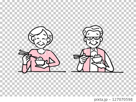 Senior couple eating rice with chopsticks 127070598