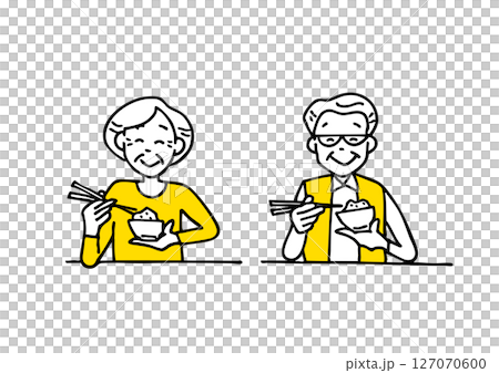 Senior couple eating rice with chopsticks Senior couple eating rice with chopsticks 127070600