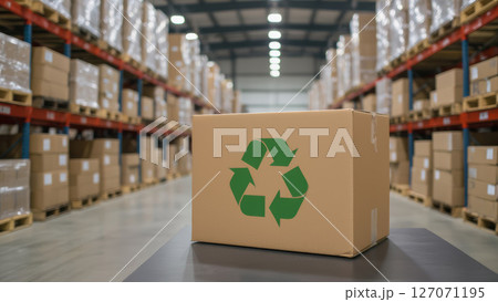 倉庫内にあるリサイクル可能な段ボール箱 127071195