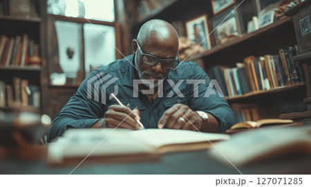 Man writing personal essay for his blog while surrounded by family photos and calming home elements in cozy library room 127071285