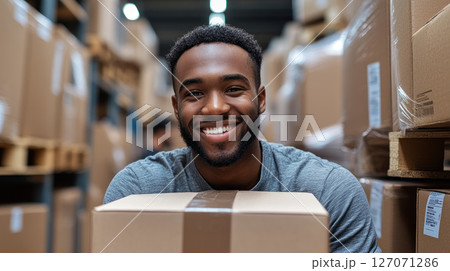 Smiling man holding cardboard box in warehouse surrounded by stacked packages, showing happiness and work environment 127071286