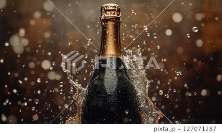 Champagne bottle with water splash and droplets frozen in motion against dark bokeh background, creating festive and refreshing mood 127071287