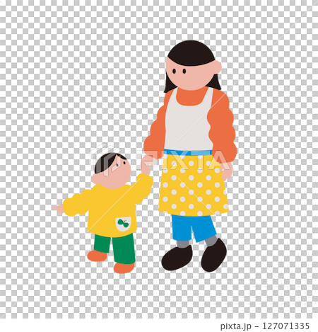 Illustration of a kindergarten or nursery school teacher holding hands and talking to a child Illustration of a kindergarten or nursery school teacher holding hands and talking to a child 127071335