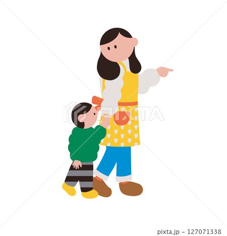 子どもと手をつないで歩く幼稚園、保育園の先生のイラスト 127071338