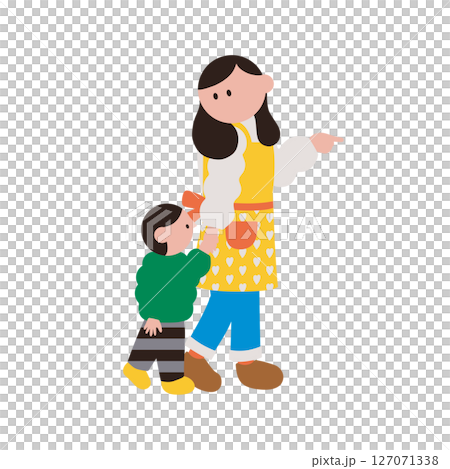 子どもと手をつないで歩く幼稚園、保育園の先生のイラスト 127071338