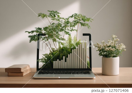 Eco friendly digital growth concept with green plants and economy bar chart on laptop screen showing sustainable progress 127071406