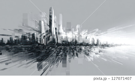 Digital cityscape with futuristic buildings and fast motion effect showing dynamic freelance economy growth in urban environment 127071407
