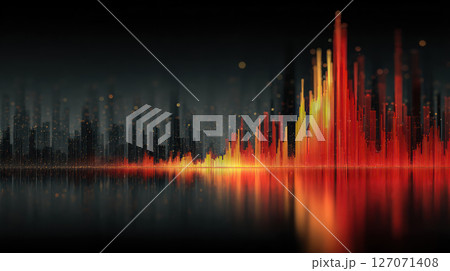 Digital city skyline with glowing red and orange bars reflecting on water showing ai data in modern economy at night 127071408