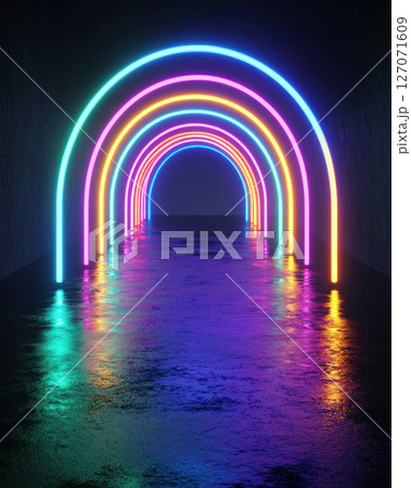 Neon rainbow lights create joyful vibe in dark tunnel, reflecting on wet floor 127071609