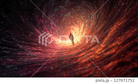 Silhouette of person walking through glowing tunnel of light with swirling colors evokes sense of mystery and social engineering intrigue 127071752