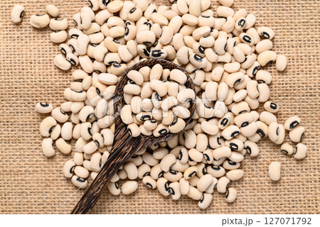 Black-eyed pea or cowpea in wooden spoon, Food ingredient, Top view 127071792