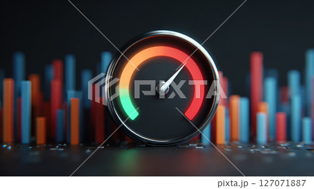 Speedometer with colorful bar chart background showing startup funding progress and seed capital finance for crowdfunding success Speedometer with colorful bar chart background showing startup funding progress and seed capital finance for crowdfunding success 127071887