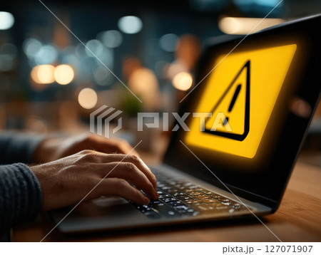Social engineering warning alert on laptop screen with person typing in business environment at night 127071907