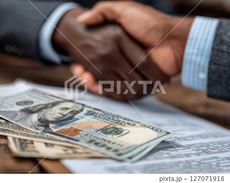 Loan business financial support concept with handshake and money on contract paper for agreement and partnership 127071918