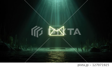 Glowing email icon underwater symbolizes phishing protection with light beams creating mysterious and secure digital environment 127071925