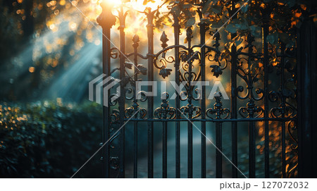 ornate wrought iron gate bathed in warm sunlight, surrounded by lush greenery and serene atmosphere 127072032